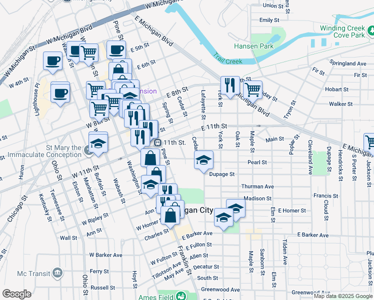 map of restaurants, bars, coffee shops, grocery stores, and more near 1109 Cedar Street in Michigan City