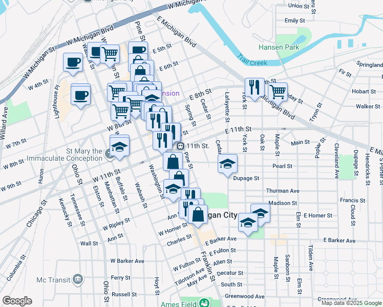 map of restaurants, bars, coffee shops, grocery stores, and more near 219-221 East 11th Street in Michigan City