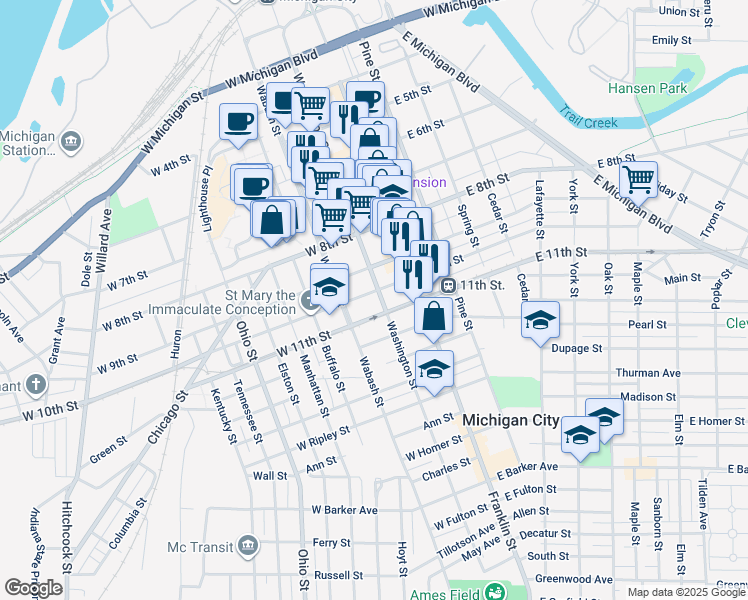 map of restaurants, bars, coffee shops, grocery stores, and more near 907 Washington Street in Michigan City