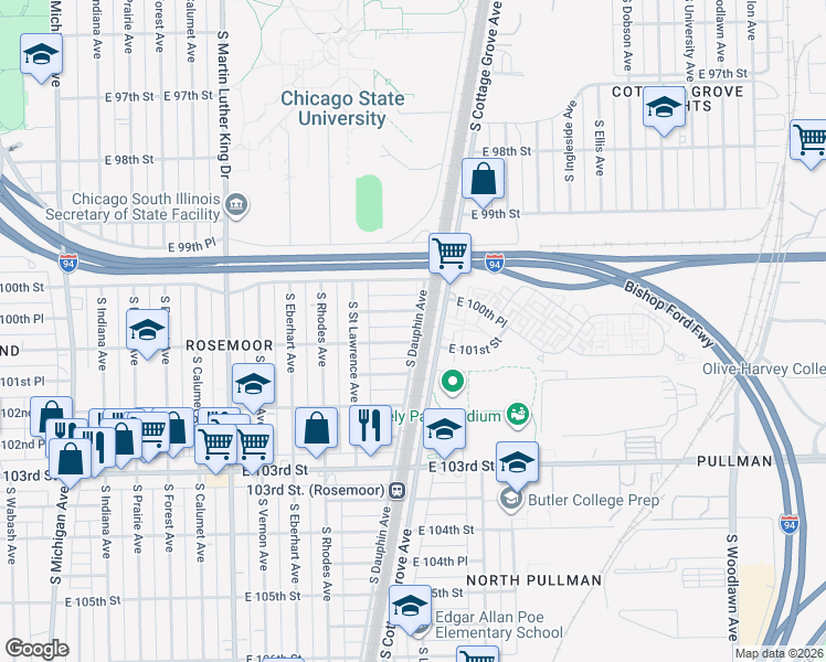 map of restaurants, bars, coffee shops, grocery stores, and more near 662 East 100th Place in Chicago