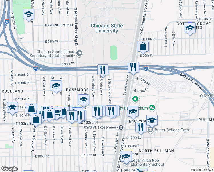 map of restaurants, bars, coffee shops, grocery stores, and more near 10028 South Saint Lawrence Avenue in Chicago
