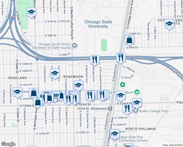 map of restaurants, bars, coffee shops, grocery stores, and more near 10024 South Rhodes Avenue in Chicago