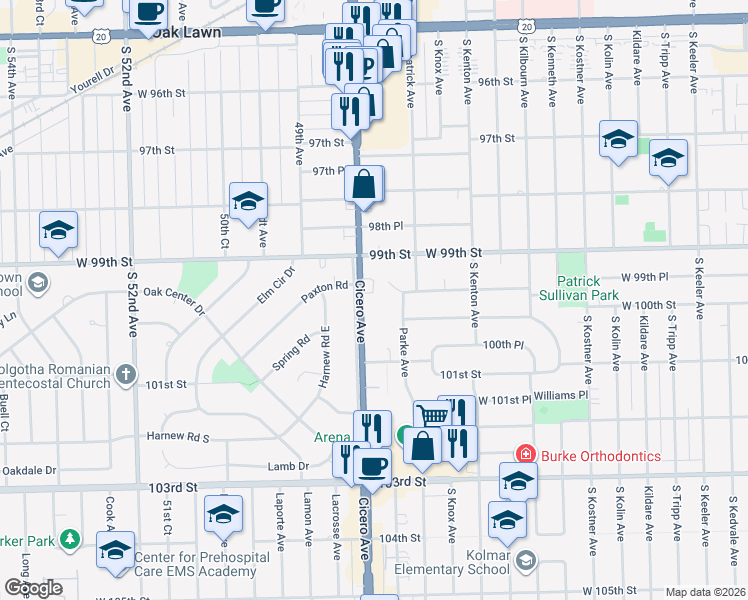 map of restaurants, bars, coffee shops, grocery stores, and more near 4720 West 99th Place in Oak Lawn