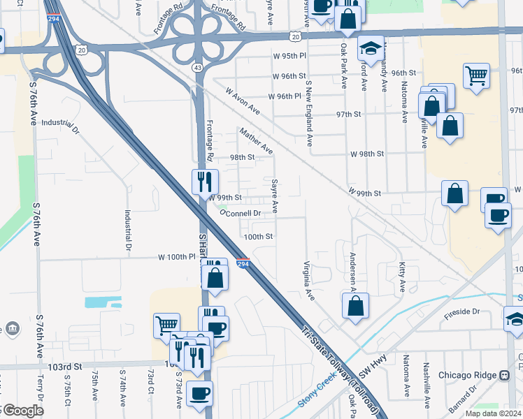 map of restaurants, bars, coffee shops, grocery stores, and more near 7010 West 99th Street in Chicago Ridge