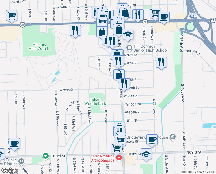map of restaurants, bars, coffee shops, grocery stores, and more near 9851 South 81st Avenue in Palos Hills