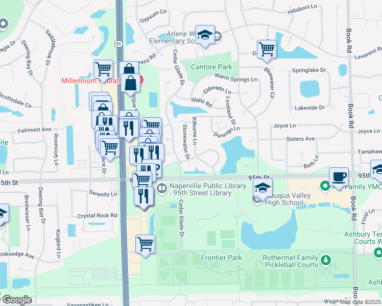 map of restaurants, bars, coffee shops, grocery stores, and more near 2908 Stonewater Drive in Naperville
