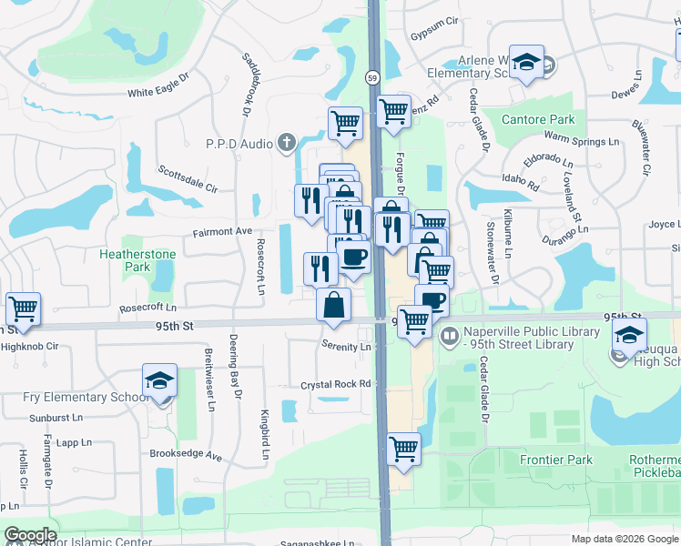map of restaurants, bars, coffee shops, grocery stores, and more near 139 Showplace Drive in Naperville