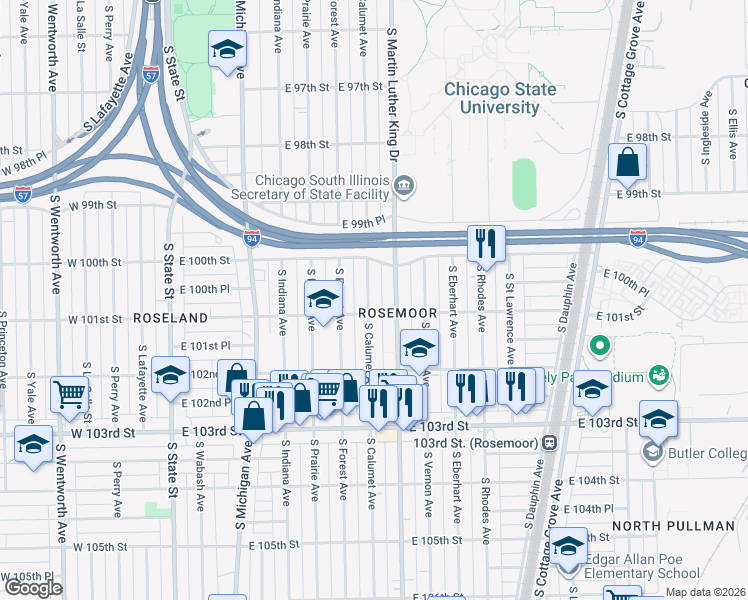 map of restaurants, bars, coffee shops, grocery stores, and more near 10047 South Calumet Avenue in Chicago