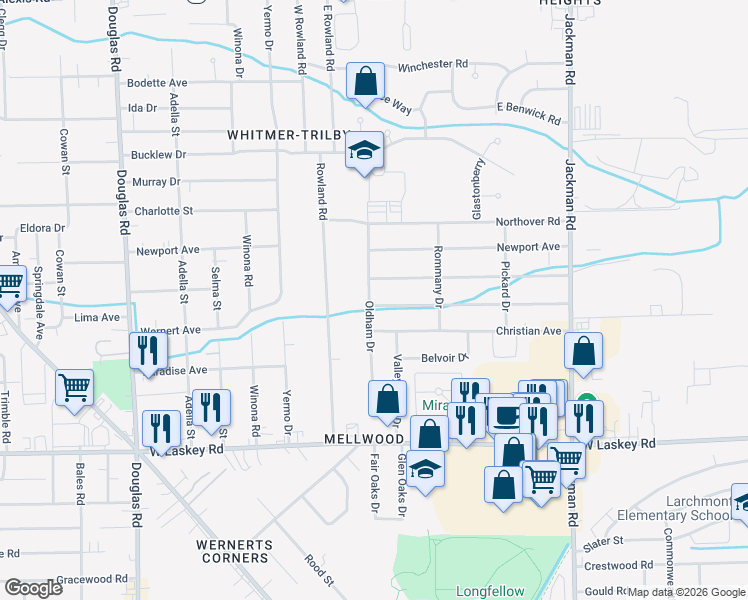 map of restaurants, bars, coffee shops, grocery stores, and more near 2046 Welker Avenue in Toledo