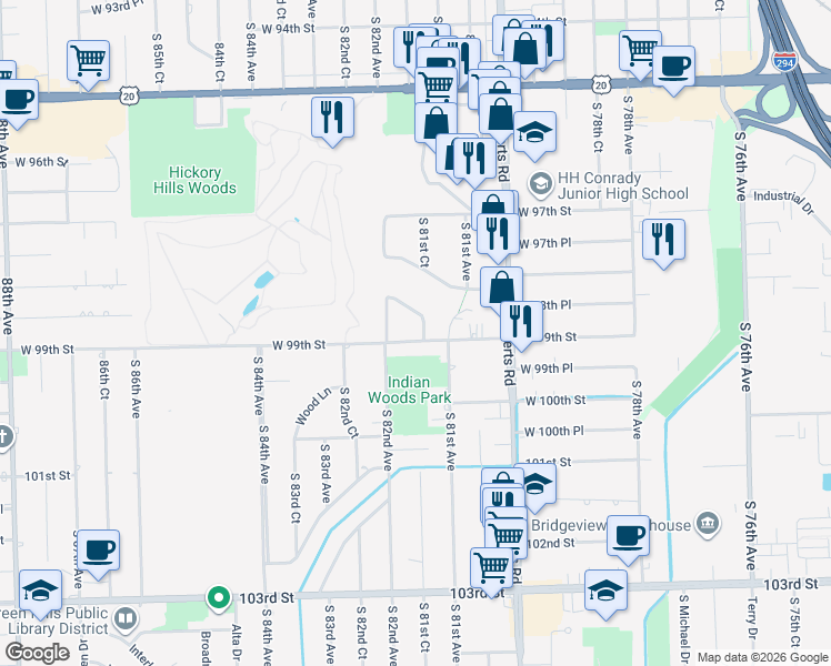 map of restaurants, bars, coffee shops, grocery stores, and more near 8103 Gladys Lane in Palos Hills