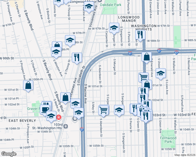 map of restaurants, bars, coffee shops, grocery stores, and more near 10026 South Aberdeen Street in Chicago