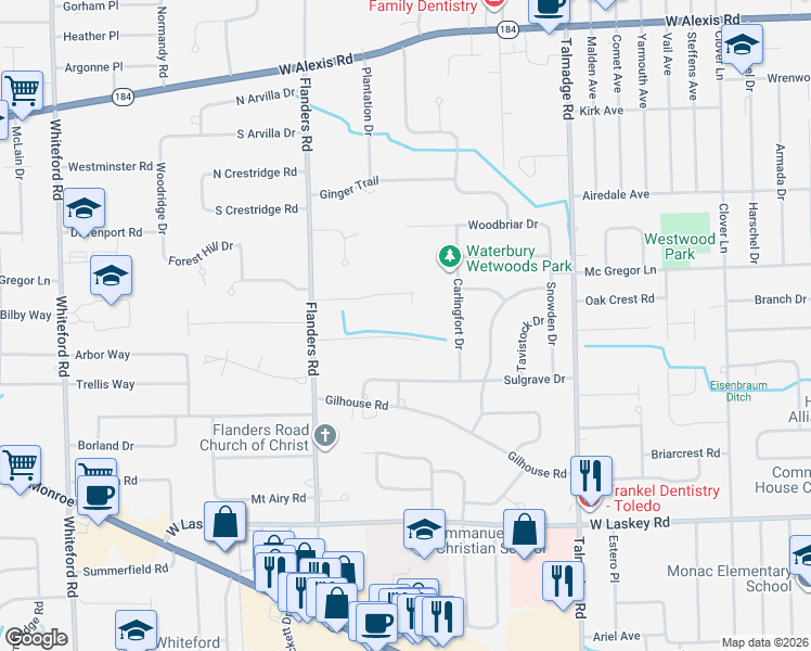 map of restaurants, bars, coffee shops, grocery stores, and more near 29 Meadow Lane in Toledo