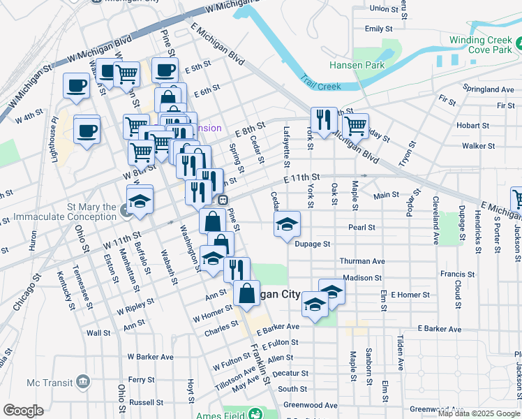 map of restaurants, bars, coffee shops, grocery stores, and more near 1109 Cedar Street in Michigan City