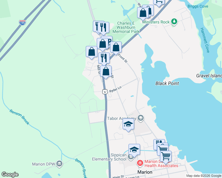 map of restaurants, bars, coffee shops, grocery stores, and more near 39 Ryder Lane in Marion