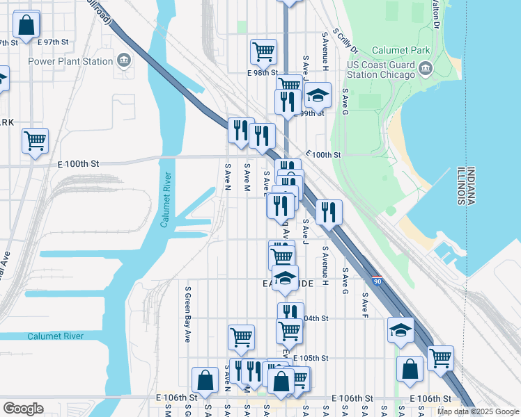 map of restaurants, bars, coffee shops, grocery stores, and more near 10114 South Avenue L in Chicago