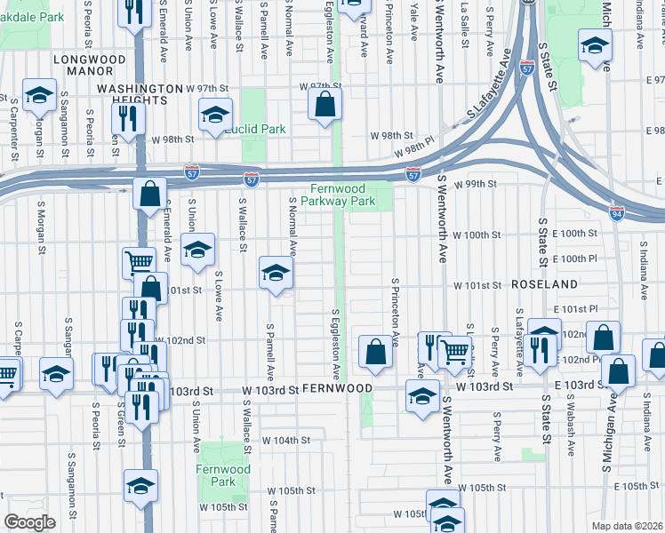 map of restaurants, bars, coffee shops, grocery stores, and more near 414 West 100th Place in Chicago