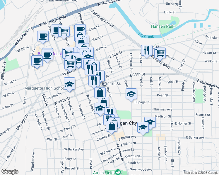 map of restaurants, bars, coffee shops, grocery stores, and more near 219-221 East 11th Street in Michigan City