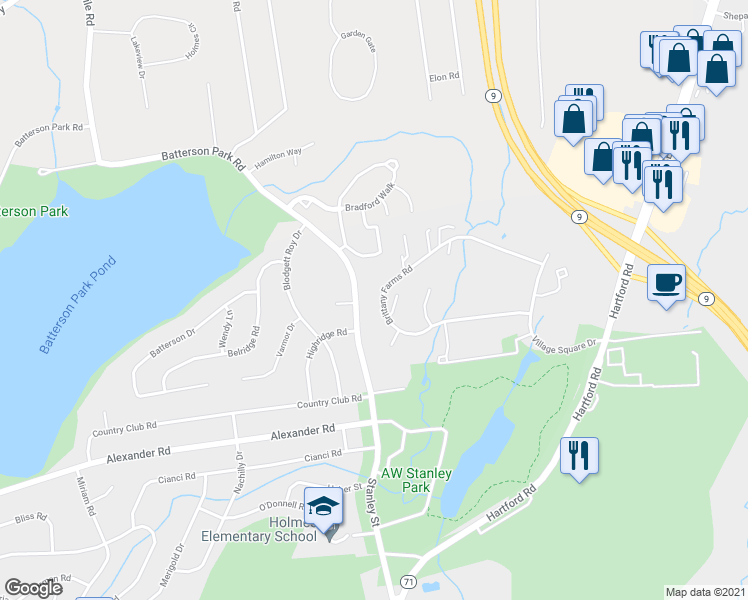map of restaurants, bars, coffee shops, grocery stores, and more near 198 Brittany Farms Road in New Britain
