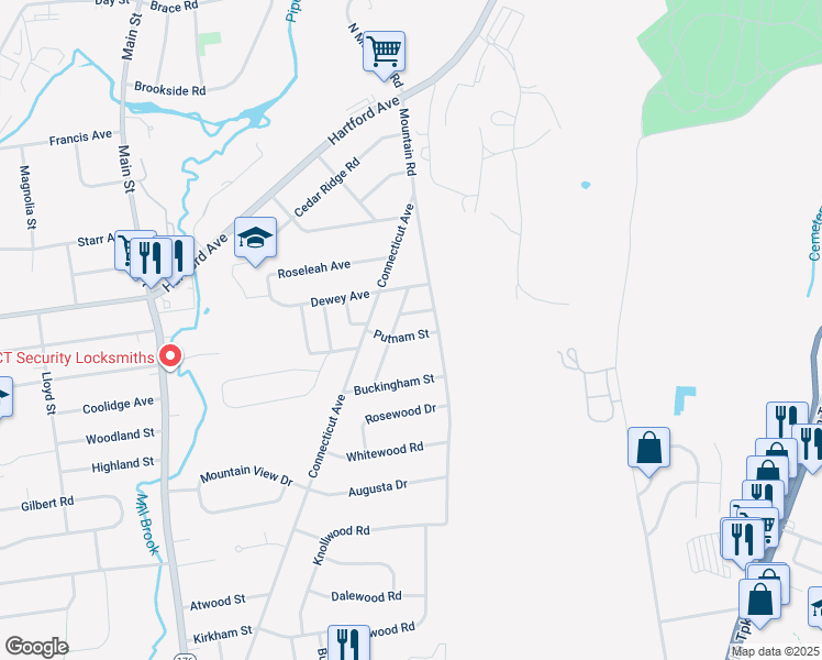 map of restaurants, bars, coffee shops, grocery stores, and more near 36 Putnam Street in Newington