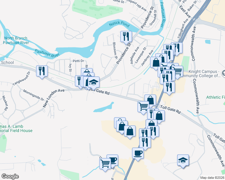 map of restaurants, bars, coffee shops, grocery stores, and more near 1037 Toll Gate Road in Warwick