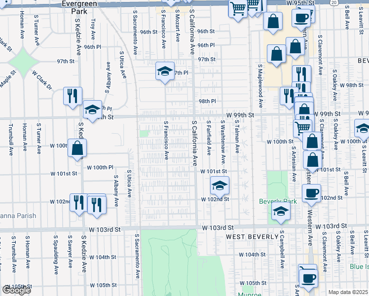 map of restaurants, bars, coffee shops, grocery stores, and more near 2826 West 100th Street in Evergreen Park