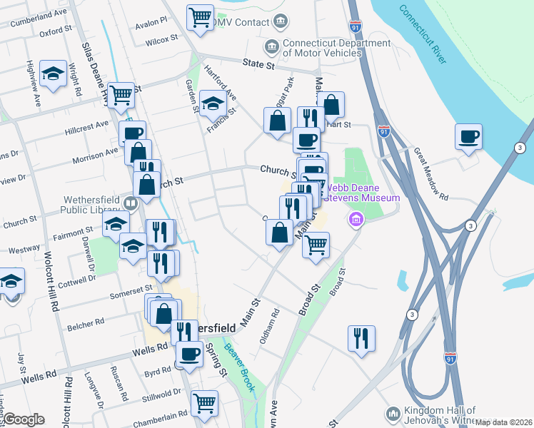 map of restaurants, bars, coffee shops, grocery stores, and more near 50 Center Street in Wethersfield