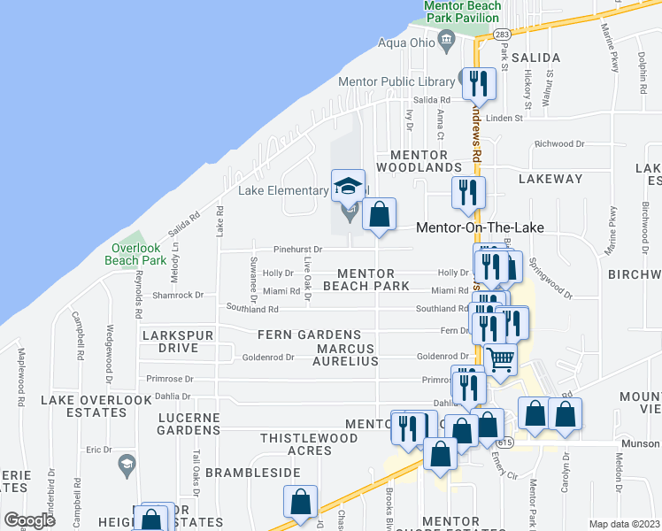map of restaurants, bars, coffee shops, grocery stores, and more near 7595 Holly Drive in Mentor