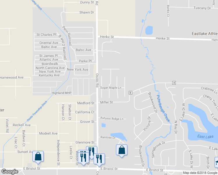 map of restaurants, bars, coffee shops, grocery stores, and more near 2043 Sugar Maple Lane in Elkhart