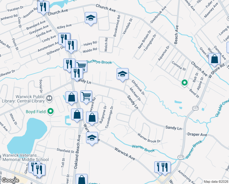 map of restaurants, bars, coffee shops, grocery stores, and more near 333 Sandy Lane in Warwick