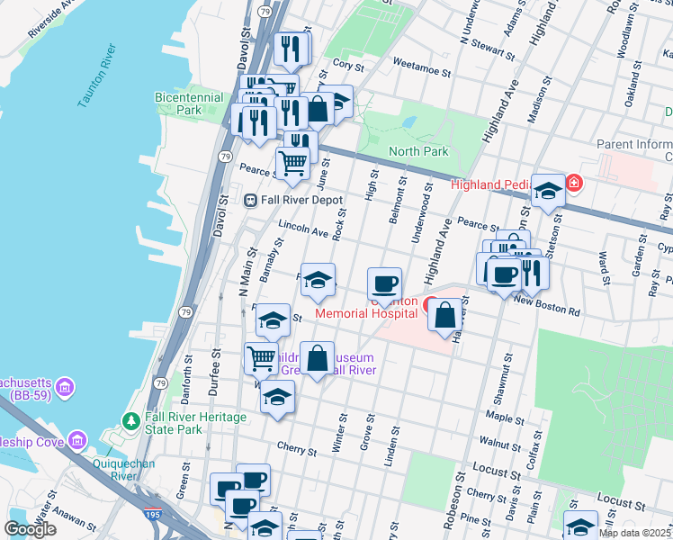 map of restaurants, bars, coffee shops, grocery stores, and more near 784 High Street in Fall River