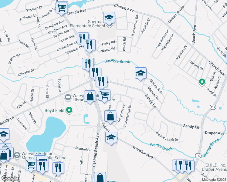 map of restaurants, bars, coffee shops, grocery stores, and more near 390 Sandy Lane in Warwick