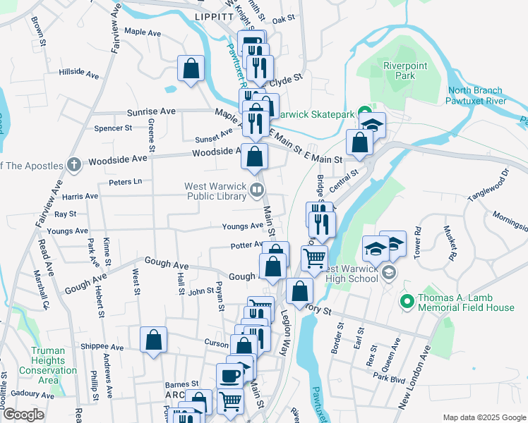 map of restaurants, bars, coffee shops, grocery stores, and more near 1048 Main Street in West Warwick