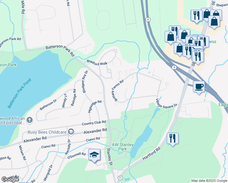 map of restaurants, bars, coffee shops, grocery stores, and more near 198 Brittany Farms Road in New Britain