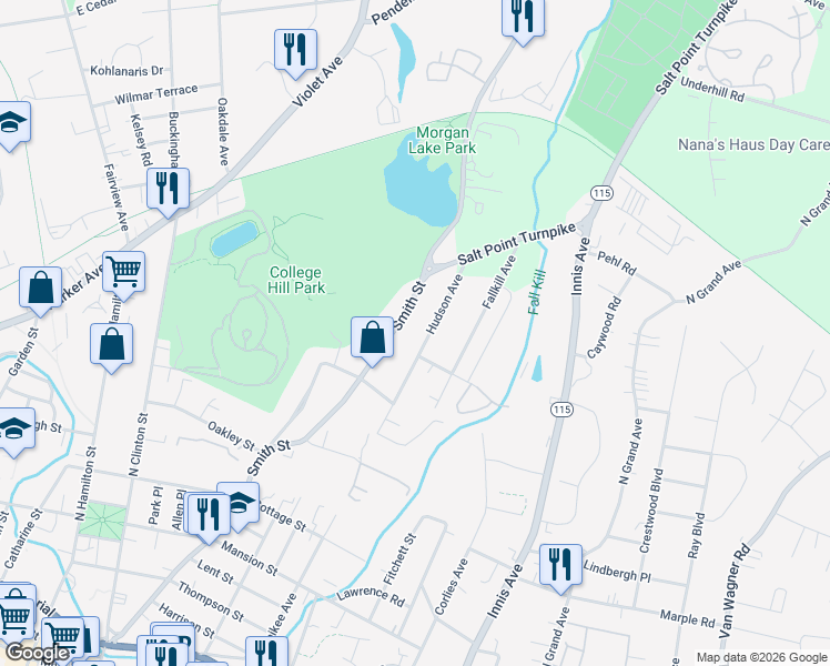 map of restaurants, bars, coffee shops, grocery stores, and more near 7413 Hudson Avenue in Poughkeepsie