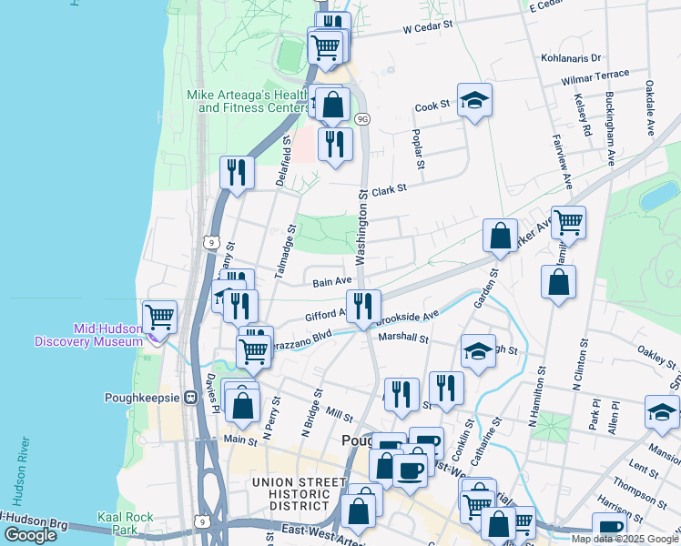 map of restaurants, bars, coffee shops, grocery stores, and more near 5 Vernon Terrace in Poughkeepsie