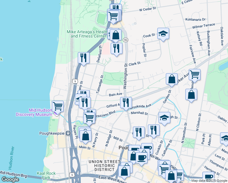 map of restaurants, bars, coffee shops, grocery stores, and more near 5 Vernon Terrace in Poughkeepsie