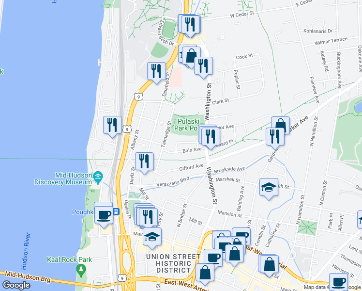 map of restaurants, bars, coffee shops, grocery stores, and more near 31 Vernon Terrace in Poughkeepsie