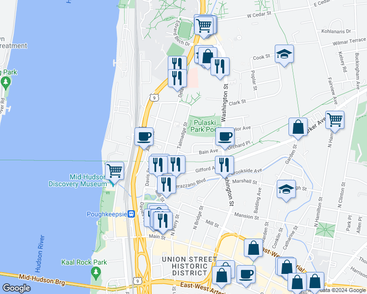 map of restaurants, bars, coffee shops, grocery stores, and more near 59 Talmadge Street in Poughkeepsie