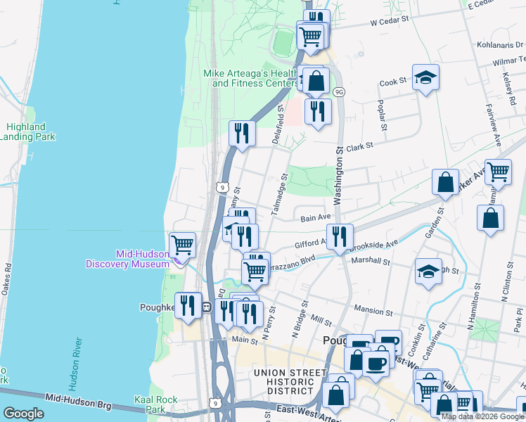 map of restaurants, bars, coffee shops, grocery stores, and more near 59 Talmadge Street in Poughkeepsie