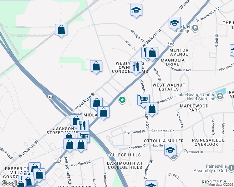 map of restaurants, bars, coffee shops, grocery stores, and more near 24 Mulwal Drive in Painesville