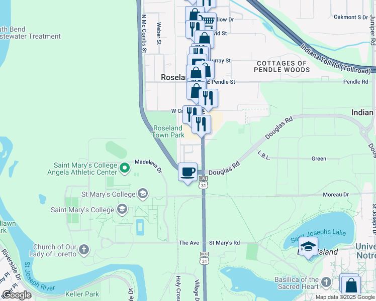 map of restaurants, bars, coffee shops, grocery stores, and more near 121 Clancy Street in South Bend
