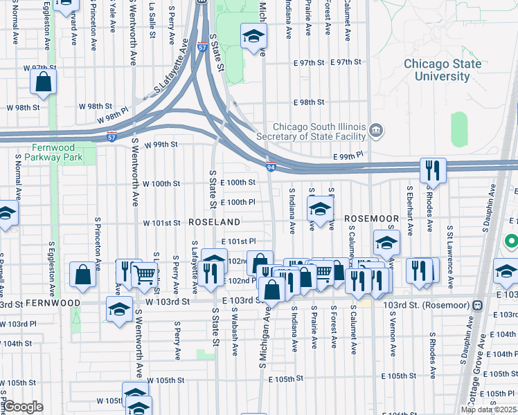 map of restaurants, bars, coffee shops, grocery stores, and more near 70 East 100th Place in Chicago