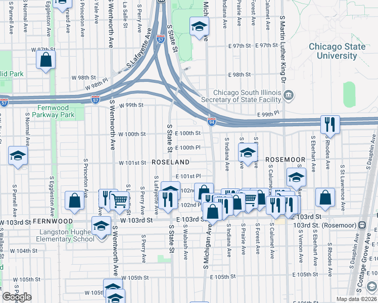 map of restaurants, bars, coffee shops, grocery stores, and more near 30 East 100th Place in Chicago