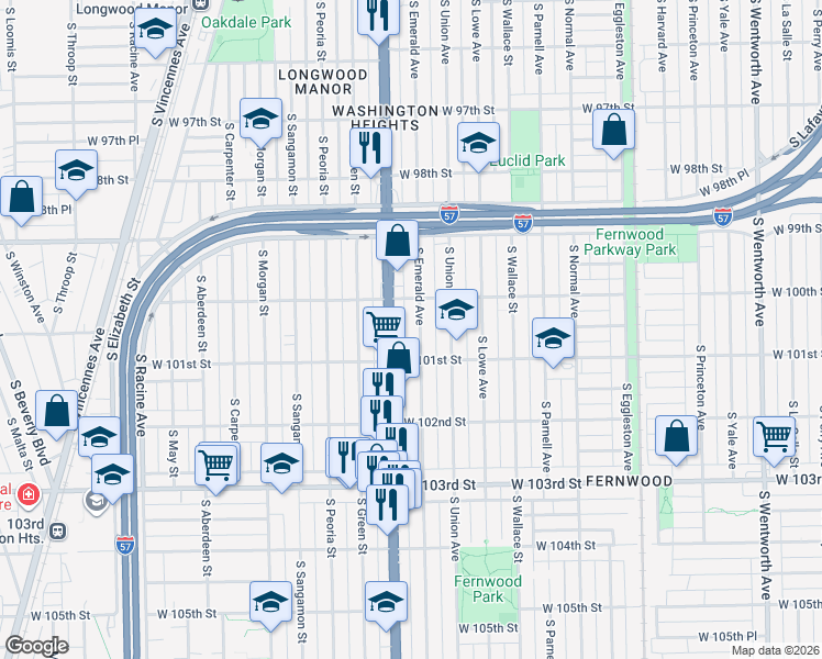 map of restaurants, bars, coffee shops, grocery stores, and more near 10010 South Emerald Avenue in Chicago