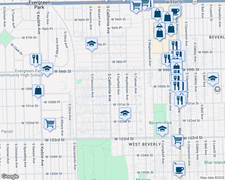 map of restaurants, bars, coffee shops, grocery stores, and more near 9953 South California Avenue in Chicago