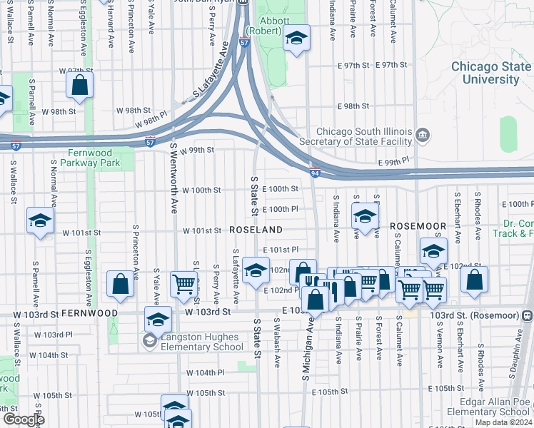 map of restaurants, bars, coffee shops, grocery stores, and more near 15 East 100th Place in Chicago