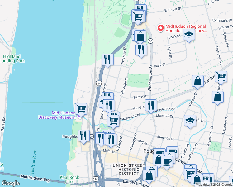 map of restaurants, bars, coffee shops, grocery stores, and more near 59 Talmadge Street in Poughkeepsie