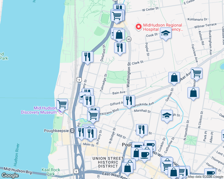map of restaurants, bars, coffee shops, grocery stores, and more near 31 Vernon Terrace in Poughkeepsie