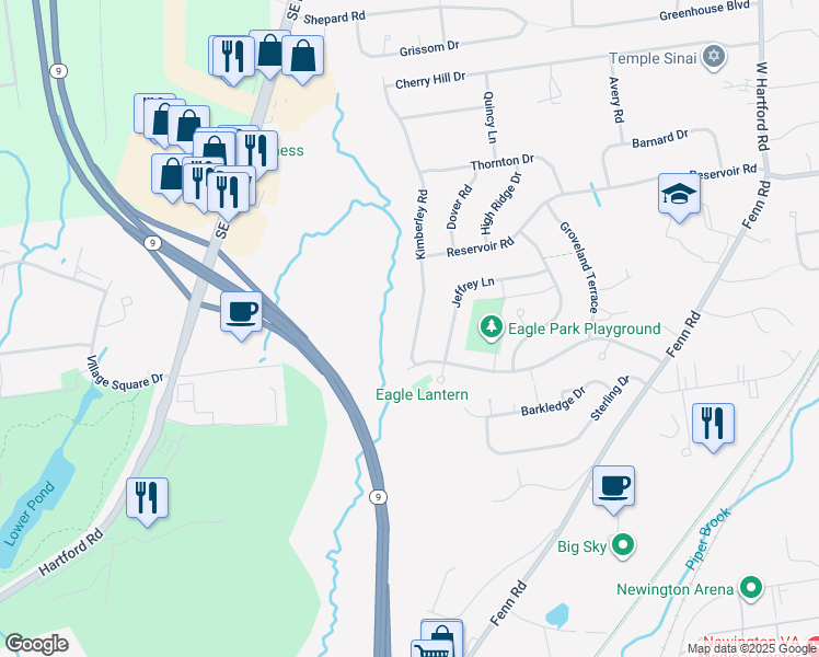 map of restaurants, bars, coffee shops, grocery stores, and more near 214 Kimberley Road in Newington