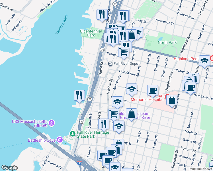 map of restaurants, bars, coffee shops, grocery stores, and more near 696 North Main Street in Fall River